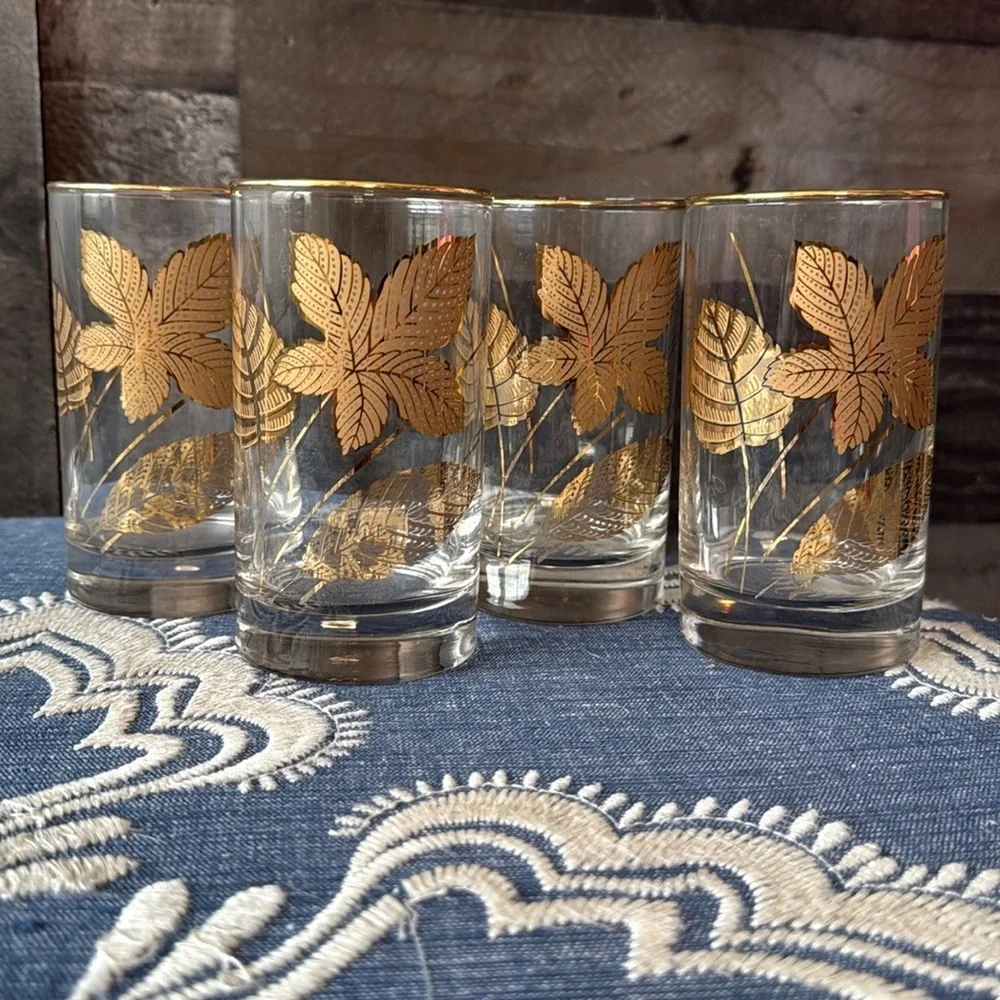 Libbey Glass set of 4 gold leaf tumblers mid century modern golden foliage gilt